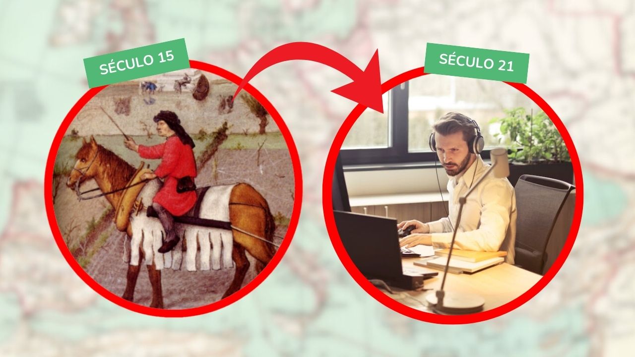 Imagem traz, lado a lado, imagem de homem no século 15 e homem no século 21