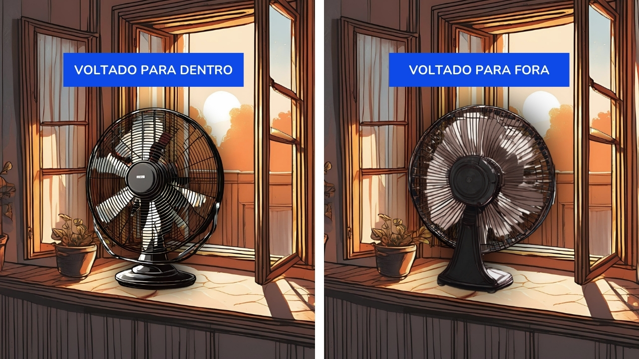 Montagem com duas ilustrações lado a lado. Na da direita, o ventilador está de frente para uma janela, voltado para o interior do ambiente. No segundo, voltado para fora da janela. Ilustração gerada por Inteligência Artificial