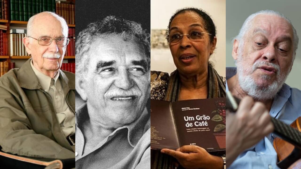 Colagem com 4 novos autores presentes na lista: Antonio Candido, Gabriel Garcia Marquez, Olinda Beja e Paulo César Pinheiro