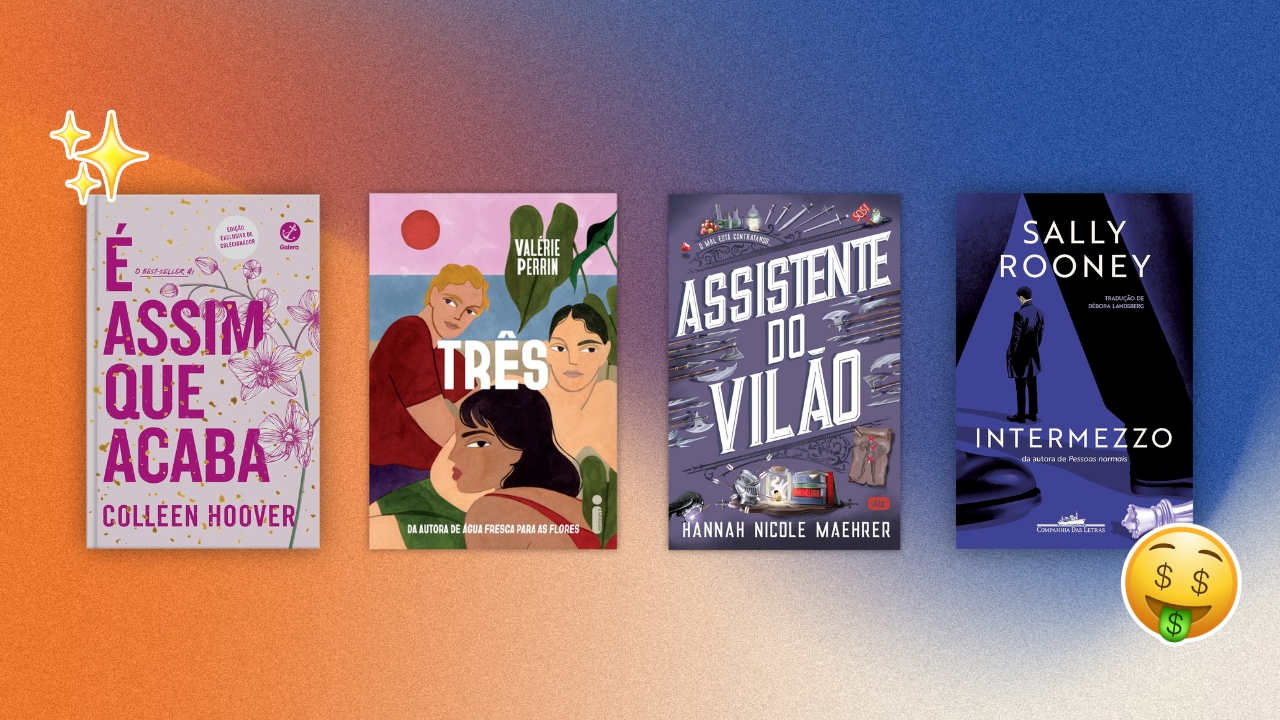 Arte para a matéria com 4 capas dos livros citados, em fundo gradiente de laranja e azul.