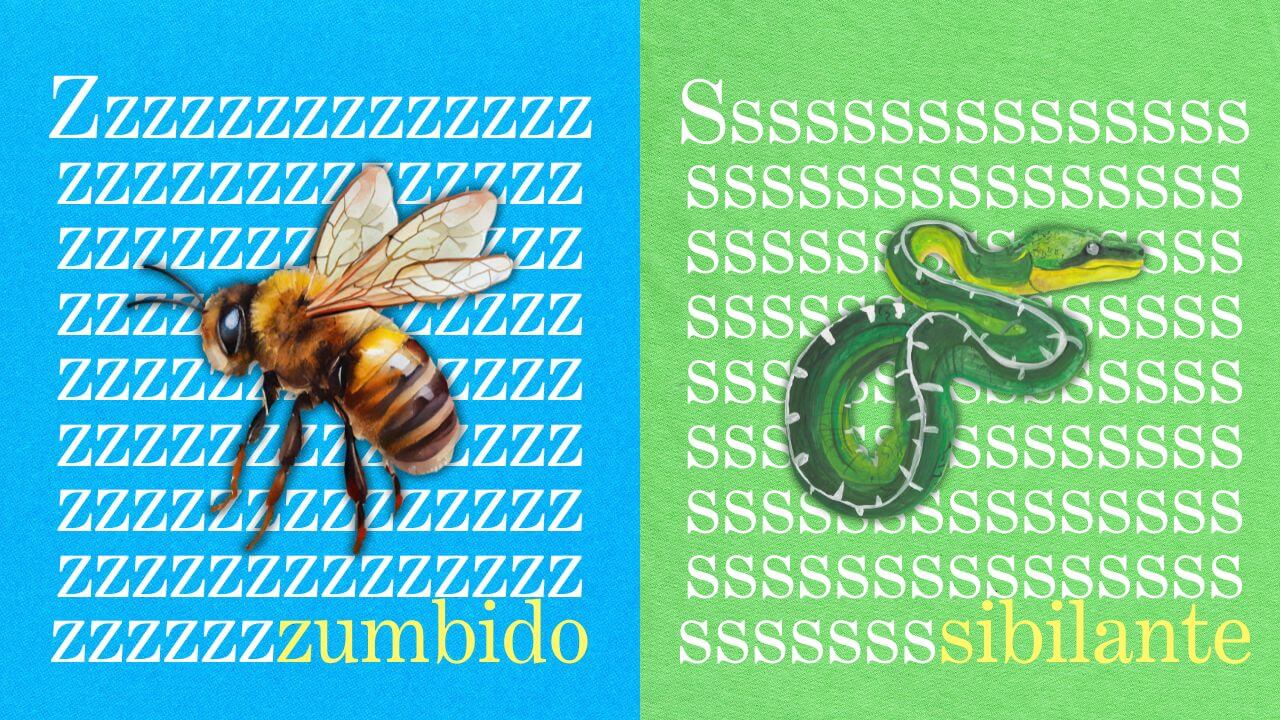 Ilustração de abelha e cobra, com a palavra "zumbido" e "sibilante" escrita atrás, repetidamente