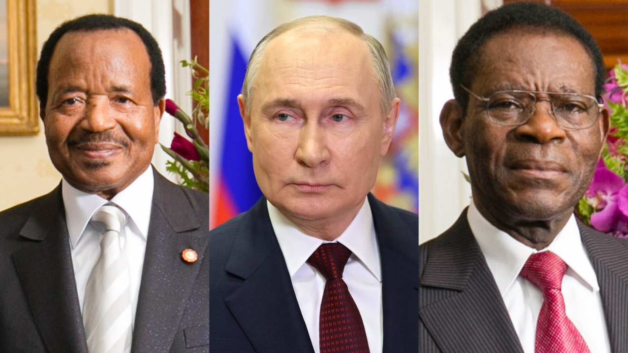 Da esquerda para a direita: Paul Biya, presidente de Camarões; Vladimir Putin, presidente da Rússia; e Teodoro Obiang, presidente da Guiné Equatorial