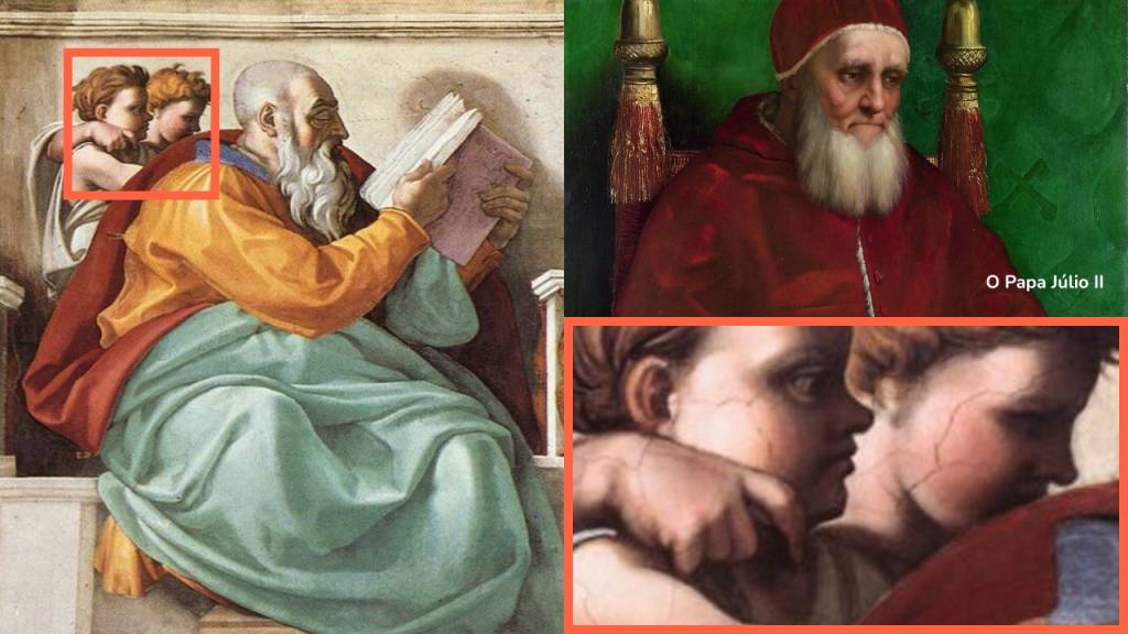 anjo-figa Colagem com recorte do profeta e do anjo, supostamente, fazendo figa, ao lado de retrato do Papa Júlio II e aproximação no gesto do querubim