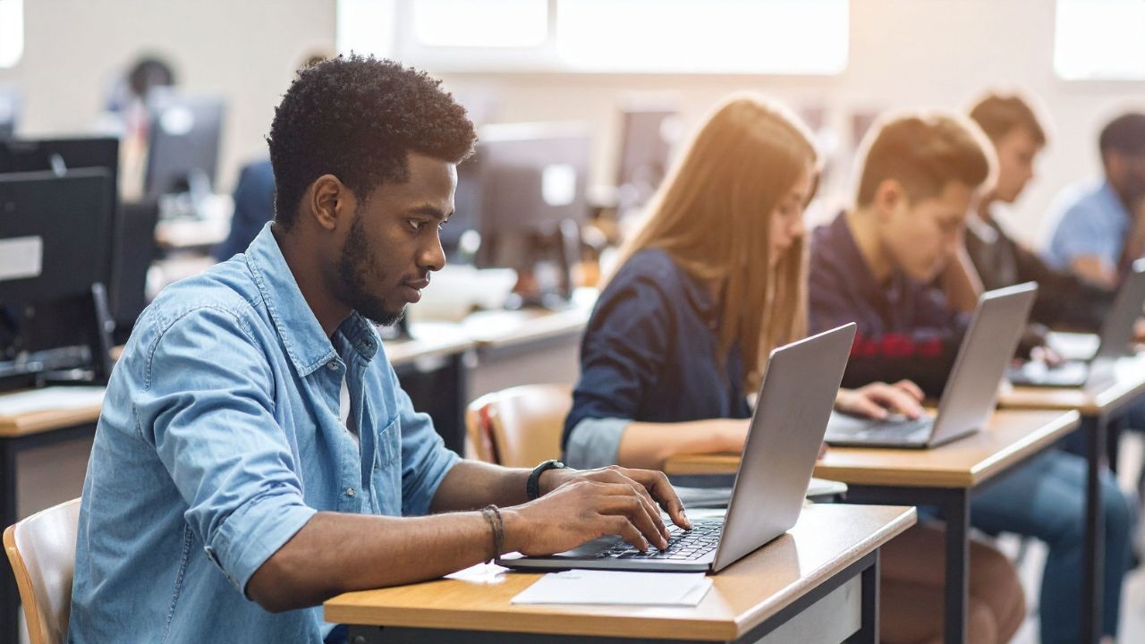Jovem de camisa jeans, concentrado, digitando em um notebook prateado em uma sala de aula ou laboratório de informática. Outros estudantes, incluindo uma mulher e um homem, também usam notebooks ao fundo, com luz solar entrando pela janela