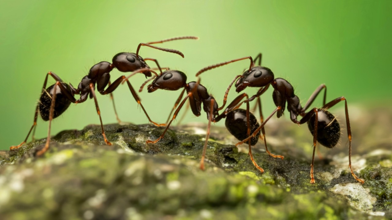 Quatro formigas marrons escuras com pernas alaranjadas se comunicam em uma superfície rochosa coberta de musgo verde, com fundo verde desfocado